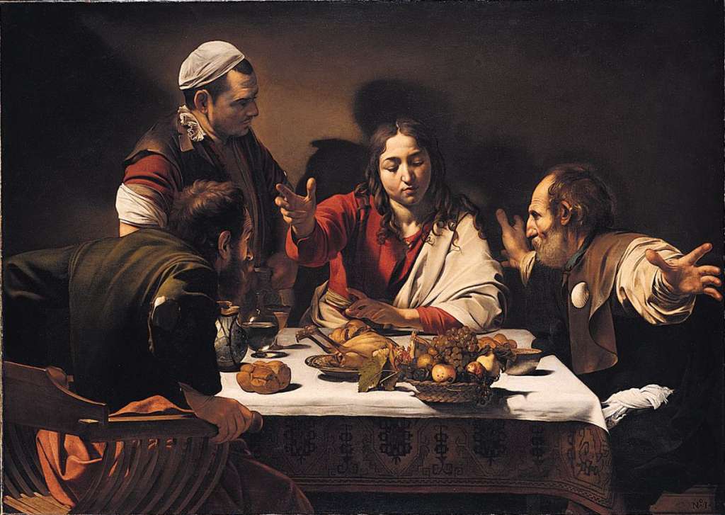 London National Gallery Top 20 11 Caravaggio - The Supper at Emmaus Caravaggio - The Supper at Emmaus, 1601, 141 x 196.cm. Two of Jesus' disciples were walking to Emmaus after the Crucifixion when the resurrected Jesus himself drew near and went with them, but they did not recognize him. At supper that evening in Emmaus '... he took bread, and blessed it, and brake and gave to them. And their eyes were opened, and they knew him; and he vanished out of their sight' (Luke 24: 30-31). Christ is shown at the moment of blessing the bread and revealing his true identity to the two disciples. The depiction of Christ is unusual in that he is beardless and great emphasis is given to the still life on the table. The intensity of the emotions of Christ's disciples is conveyed by their gestures and expression.